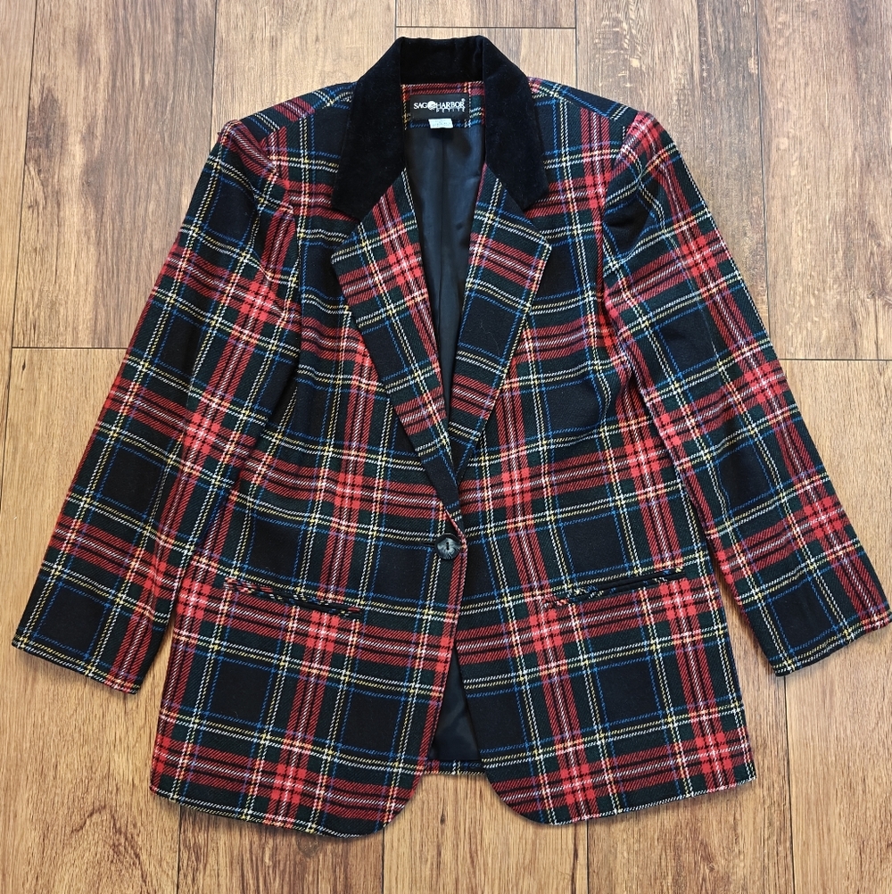 Vintage Plaid Wool Blend Blazer Holiday Academia Preppy Women's 10 Sag Harbor